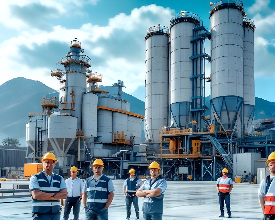 Mitarbeitende von Müller & Meier Zement GmbH in Zürich vor modernen Silos und Mischanlagen bei Tageslicht