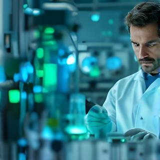 Marco Steiner bei einer technischen Prüfung im Labor mit Messgeräten und Proben von Baustoffen